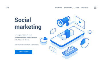 Poster - Blue and white icons of mobile phone and online apps in template of web homepage offering to learn more about social marketing strategies. Isometric web banner, landing page template