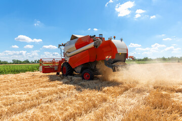 Scenic front view Big powerful industrial combine harvester machine reaping golden ripe wheat cereal field on bright summer or autumn day. Agricultural yellow field machinery landscape background