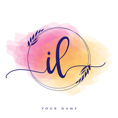 IL Initial handwriting logo. Hand lettering Initials logo branding, Feminine and luxury logo design isolated on colorful watercolor background.