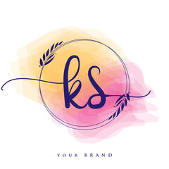 Wall Mural - KS Initial handwriting logo. Hand lettering Initials logo branding, Feminine and luxury logo design isolated on colorful watercolor background.