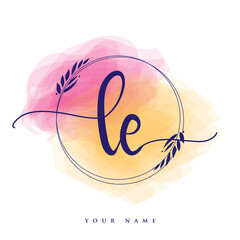 LE Initial handwriting logo. Hand lettering Initials logo branding, Feminine and luxury logo design isolated on colorful watercolor background.