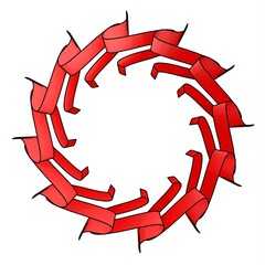 Poster - Red pattern in the form of a circle on a white background. Pattern from ribbons. 3d rendering illustration. Decor.