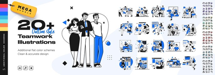 business teamwork illustrations. mega set. collection of scenes with men and women taking part in bu