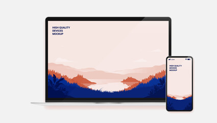Devices vector template with - Laptop and smartphone with beautiful nature wallpaper background. Editable Illustration.