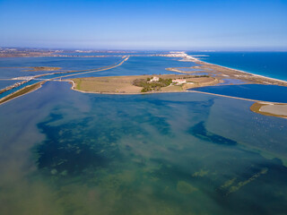 Wall Mural - Aerial view of the coastline near Palavas les Flots showing the canals and lagoons in between to Sète 