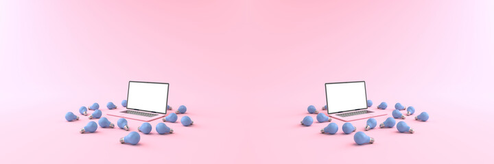 Wall Mural - 3d rendering of pink laptop white screen surrounded by many blue light bulbs placed on a pastel pink