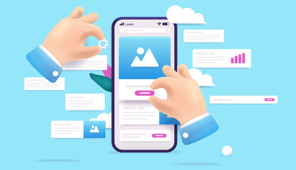 Poster - Building app design - Hands developing smartphone application or website. Abstract UI design concept, 3d vector illustration.