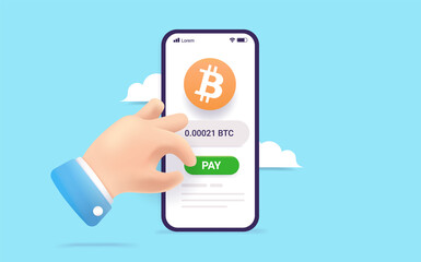 Poster - Bitcoin payment on smartphone - Hand paying with bitcoin app on mobile phone, pushing pay button. 3d Vector illustration.