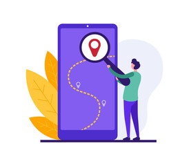 Poster - Online tracking and navigation concept. Vector illustration of cartoon guy with magnifying glass searching for location on GPS map on modern smartphone near autumn leaves
