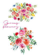 Watercolor Summer Floral Bouquets Of Bright Wildflowers, Green Leaves And Branches; Hand Painted Isolated Illustrations On A White Background