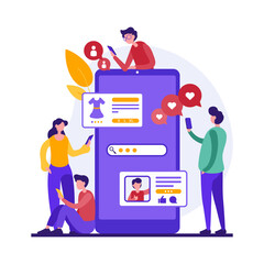 Poster - Likes addiction concept. Vector illustration of young men and woman following blogger and browsing online shop in social media on contemporary digital devices. Smartphone addiction