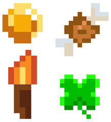 Poster - Pixel interface layout design with pixelated coin, leaf, meat bone, torch on white background