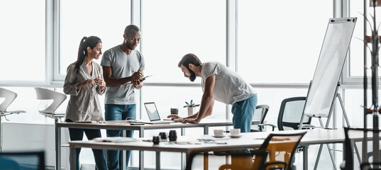 Website header of Corporate business portraits of real life business teams. Co-workers discussing their ideas