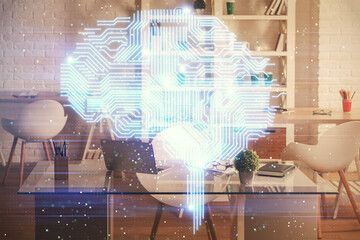 Double exposure of brain drawing and office interior background. Concept of data technology.