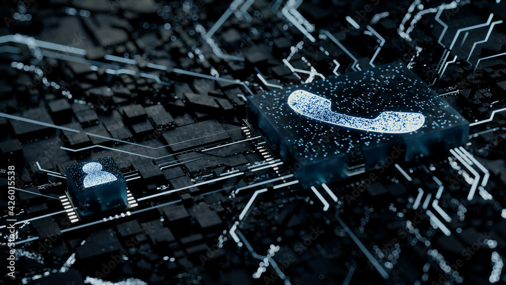 Microship Phone Communication Technology Concept with phone symbol on a Microchip ...