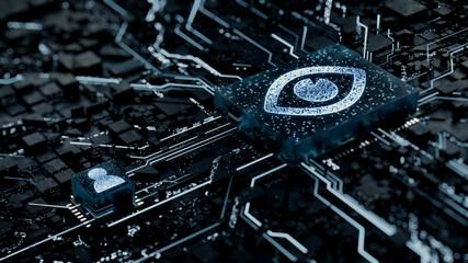 Vision Technology Concept with eye symbol on a Microchip. White Neon Data flows between the CPU and the User across a Futuristic Motherboard. 3D render.