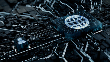 Internet Technology Concept with web symbol on a Microchip. White Neon Data flows between the CPU and the User across a Futuristic Motherboard. 3D render.