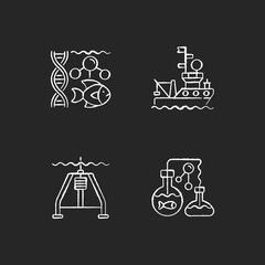 Sticker - Marine exploration chalk white icons set on black background. Marine chemistry tools and equipment. Hydraulically damped gravity corer. Isolated vector chalkboard illustrations