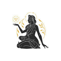 Wall Mural - beautiful bohemian woman with floral decor and gemstone silhouette.