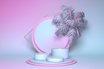 Poster - 3D minimal studio podium against pastel gradient background, blue pink color with geometric shape and pallm for product display, minimal concept. Premium illustration summer style elements.