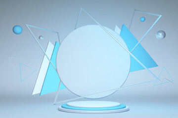 Poster - 3d render, abstract geometric triangle frame, blue round pedestal isolated on pastel background. Modern minimal concept. Vacant platform, empty stage, blank podium. Premium design.