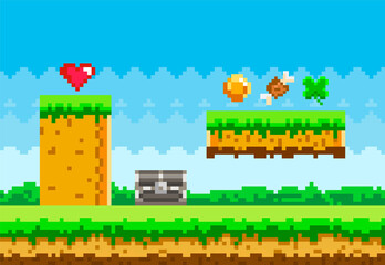 Aufkleber - Pixel game background with green grass platform and items collected during gameplay, coins, heart