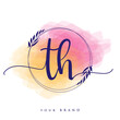 © wikaGraphic - TH Initial handwriting logo. Hand lettering Initials logo branding, Feminine and luxury logo design isolated on colorful watercolor background.