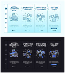 Sponsored online gatherings onboarding vector template. Responsive mobile website with icons. Web page walkthrough 4 step screens. Brand advert night and day mode concept with linear illustrations