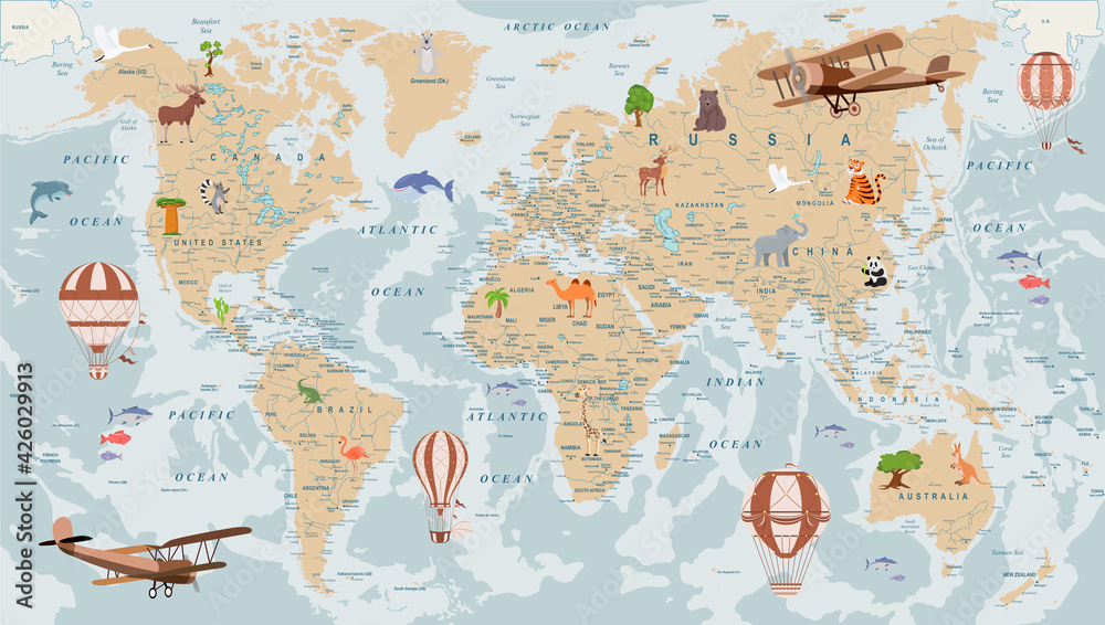 Retro mapa świata dla dzieci ze zwierzętami, samolotami i balonami  - obrazy, fototapety, plakaty 