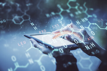 Poster - Double exposure of formulas sketch hologram and woman holding and using a mobile device. Education concept.