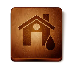 Sticker - Brown House flood icon isolated on white background. Home flooding under water. Insurance concept. Security, safety, protection, protect concept. Wooden square button. Vector