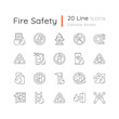 © bsd studio - Fire safety linear icons set. Alarm for emergency. Pulaski axe. Risk situation guidelines. Customizable thin line contour symbols. Isolated vector outline illustrations. Editable stroke
