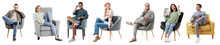 Young People Relaxing In Armchairs On White Background