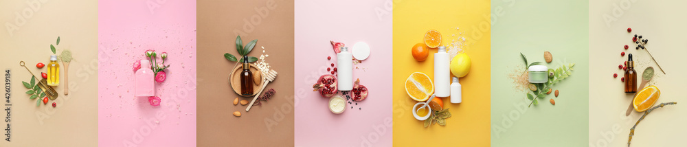 Set of natural cosmetic products on color background - obrazy, fototapety, plakaty 