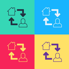 Poster - Pop art Online working icon isolated on color background. Freelancer man working on laptop at his house. Remote work. Distant job concept. Vector