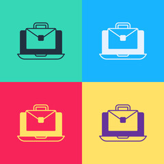 Poster - Pop art Online working icon isolated on color background. Freelancer man working on laptop at his house. Remote work. Distant job concept. Vector