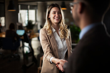 Wall Mural - Businesswoman and businessman discussing work in office. Businessman and businesswoman handshake.