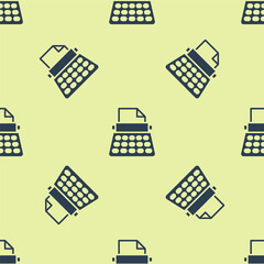 Sticker - Blue Retro typewriter and paper sheet icon isolated seamless pattern on yellow background. Vector