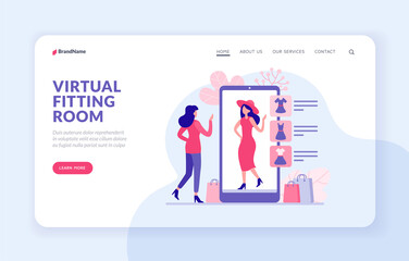 Poster - Virtual fitting room landing page website banner vector template. Woman trying clothes in web application. Female character chooses red dress and hat from online store and virtually dresses them