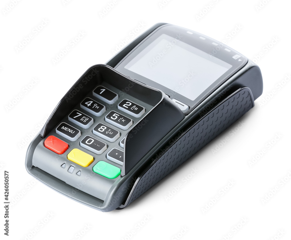 Payment terminal on white background