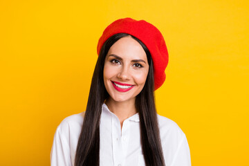 Wall Mural - Portrait of gorgeous satisfied person toothy smile look camera isolated on bright yellow color background