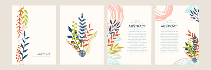 Poster - Set of floral universal artistic templates with leaf line art bohemian Scandinavian color style. Good for greeting cards, invitations, flyers and other graphic design. Square floral greeting card