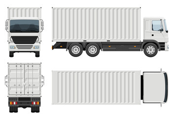 Wall Mural - Container truck vector template with simple colors without gradients and effects. View from side, front, back, and top