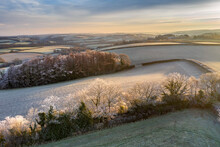 Rolling Countryside At Dawn On A Frosty Winter Morning, Devon, England, United Kingdom