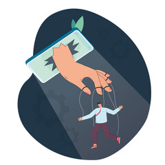 Fototapete - Man controlled by phone as puppet. Internet or news controlling person flat vector illustration. Social media, propaganda, technology dependency concept for banner, website design or landing web page