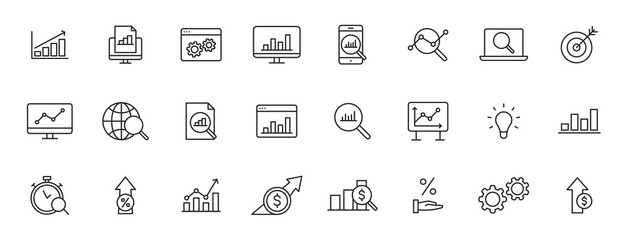 Poster - Set of 24 Data Analysis web icons in line style. Graphs, Analysis, Big Data, growth, chart, research. Vector illustration.
