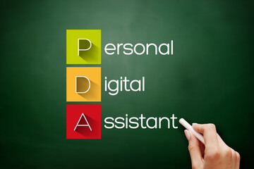 Poster - pda - personal digital assistant acronym, technology concept background on blackboard