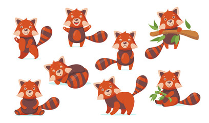 Wall Mural - Funny red panda flat pictures set for web design. Cartoon cute Chinese bear character in different poses isolated vector illustrations. Forest animals and woodland concept