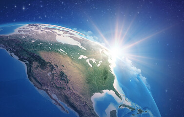 Canvas Print - sunrise through clouds, upon a high detailed satellite view of planet earth, focused on north americ