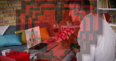 Poster - Red heart beating over caucasian man holding a flower bouquet while having a video call on laptop